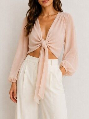 Seven Sisters Tie-Front Sheer Blush Flowy Sleeves Crop Top